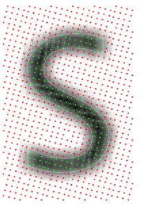 Debugging visualization of the letter 'S' rendered using our 16x AA technique